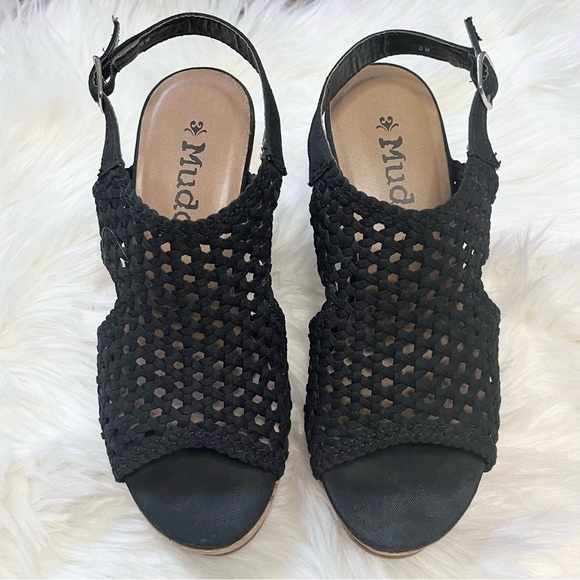 Mudd Black Lattice Slingback Cork Wedges Platform Heels Size 8 - Picture 2 of 9